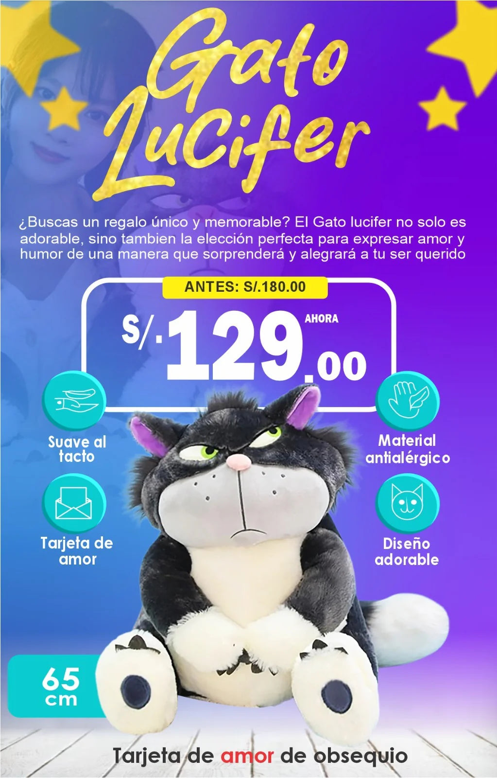 GATO LUCIFER  65 cm + TARJETA DE AMOR ❤🤩